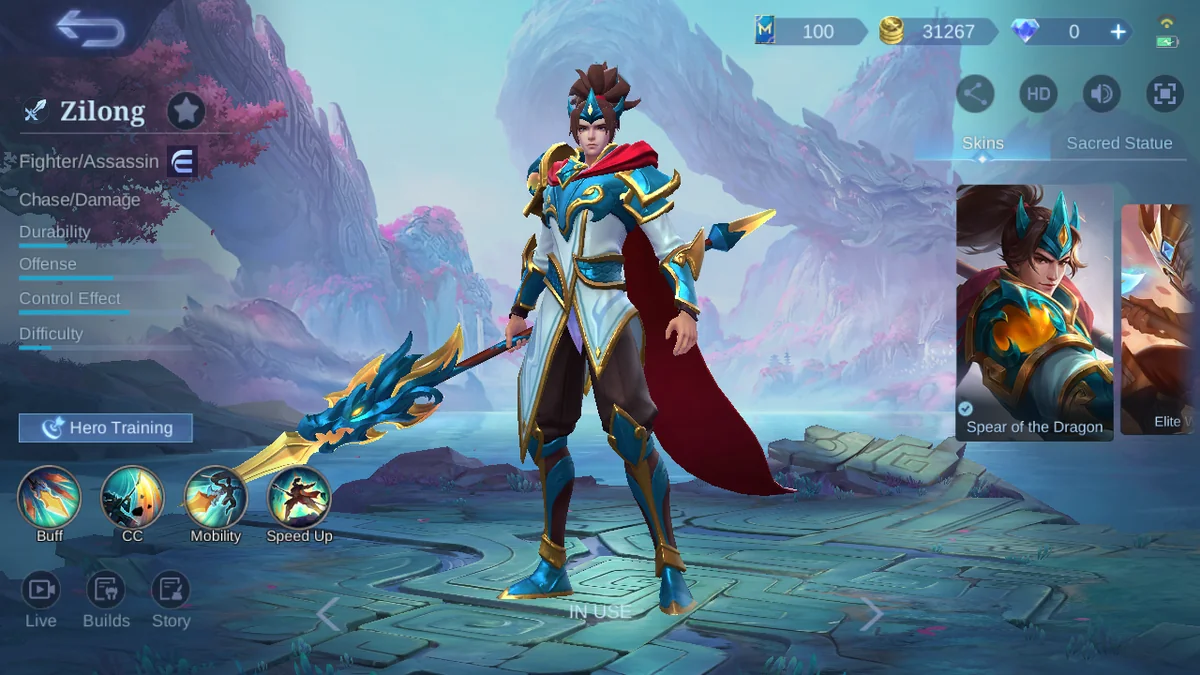 Zilong hero page in the MLBB English client showing role, skills, and story entry