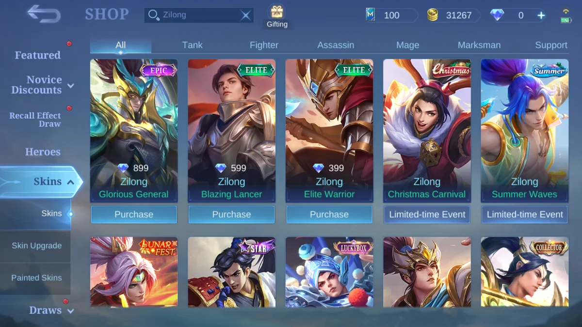 Zilong skins in the MLBB shop search results