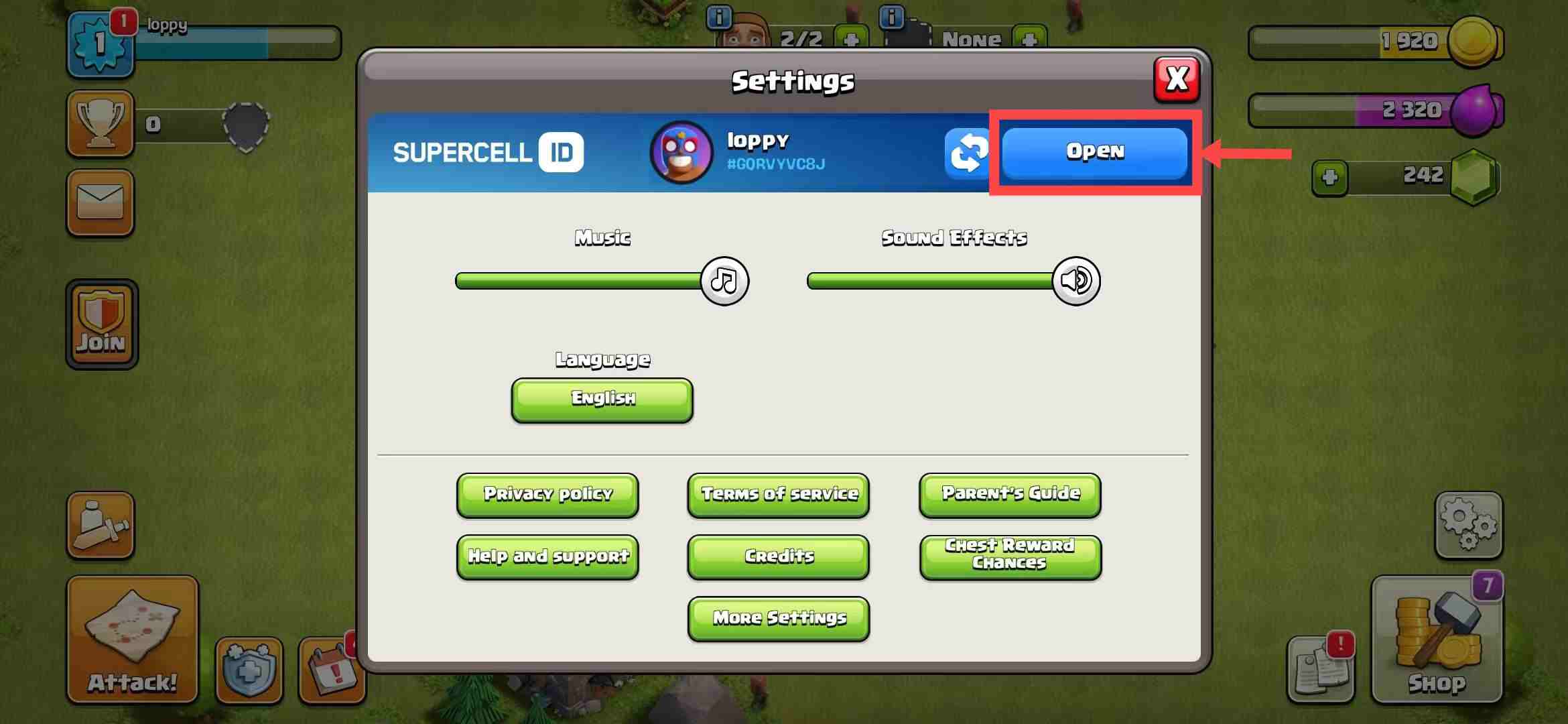 Clash of Clans Open button
