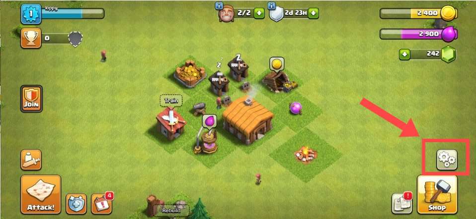 Clash of Clans menu button in bottom right corner