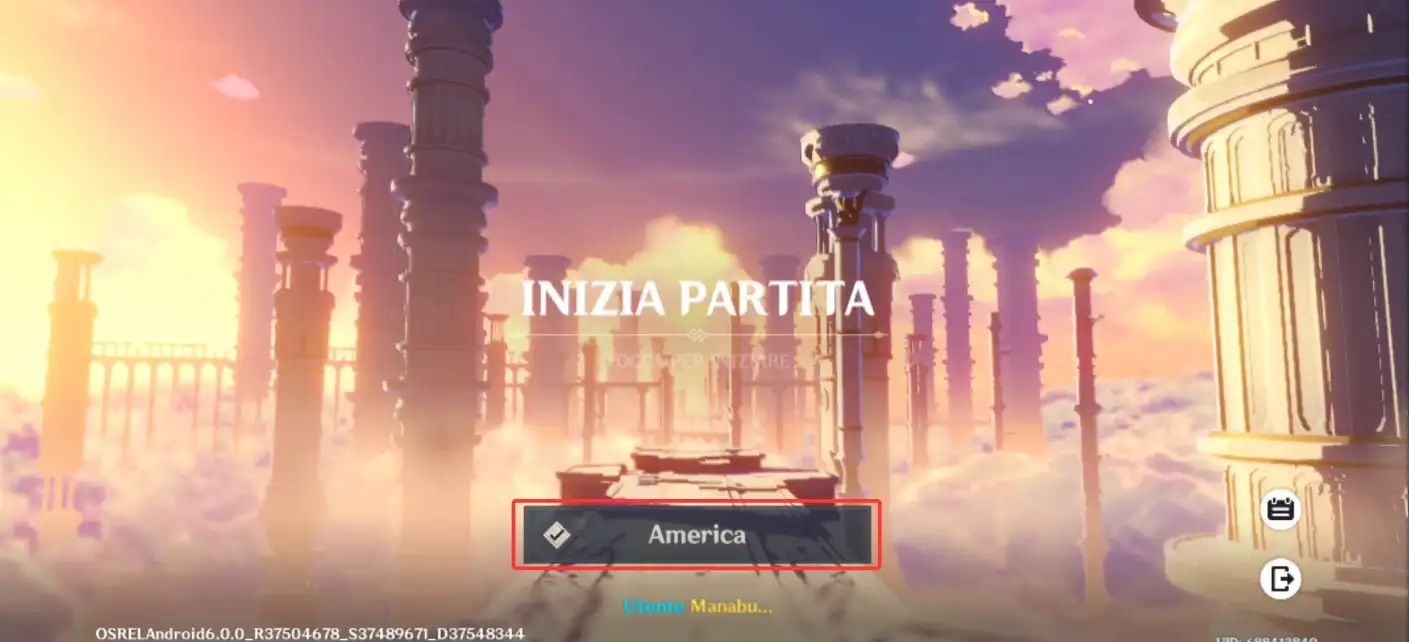 Schermata iniziale di Genshin Impact con il menu Server aperto