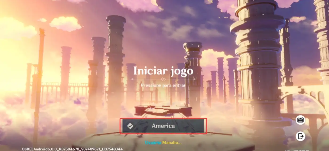 Tela inicial de Genshin Impact com o menu de servidor aberto