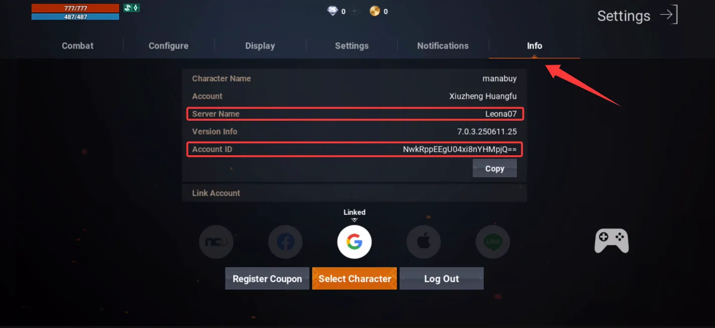 Écran du profil Lineage2M