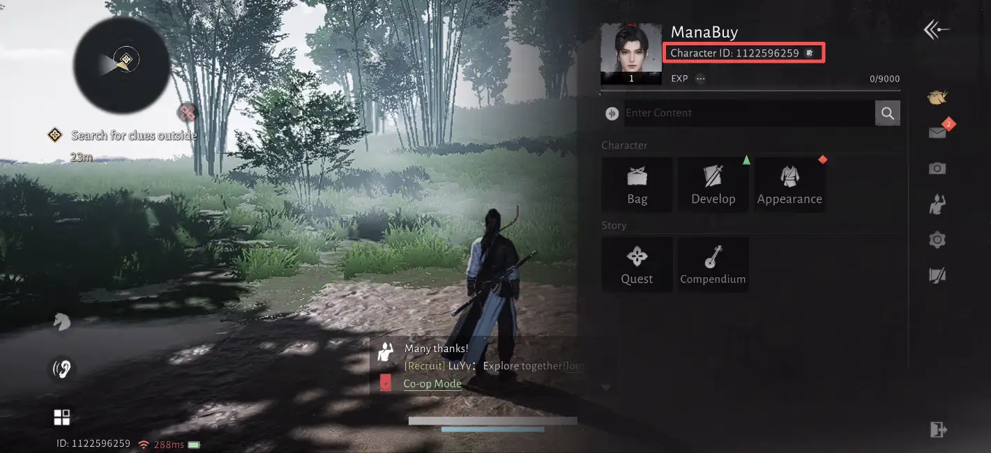 Schermata profilo di Where Winds Meet con il Character ID (da copiare per la ricarica)